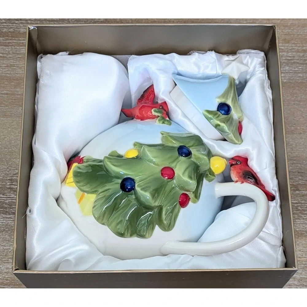 Pier 1 Imports Christmas Tree Teapot Porcelain Cardinal Hand Painted w/Box